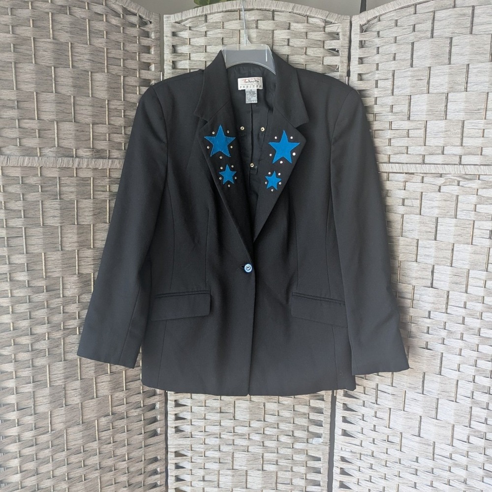 Vtg 90s Talbots Blazer Black Blue Star Rhinestone Wool Blend Sz 12 Western